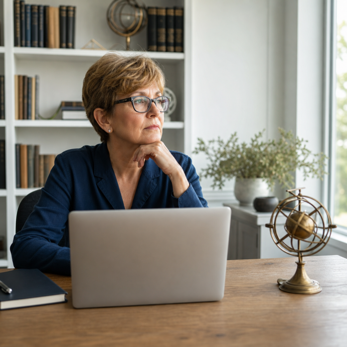 2028 Election Astrology – Editorial Analysis Photo Mature woman thoughtfully reviewing information at a laptop in a neutral study