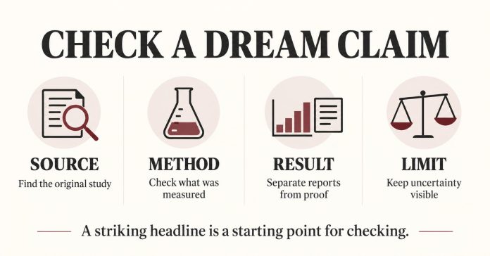 A four-part guide asks readers to check a dream claim’s source, method, result and limits.