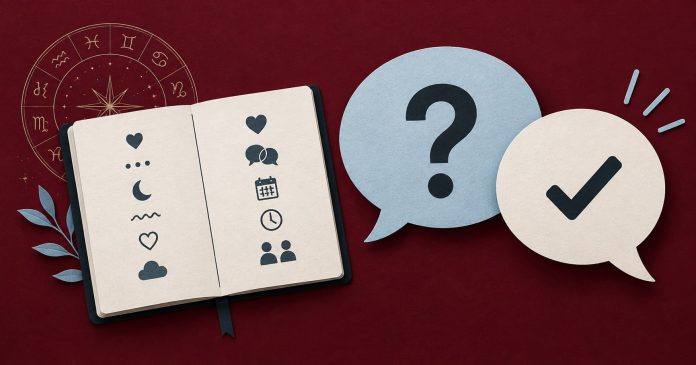 Illustrated notebook separating observations from questions beside two abstract speech bubbles.