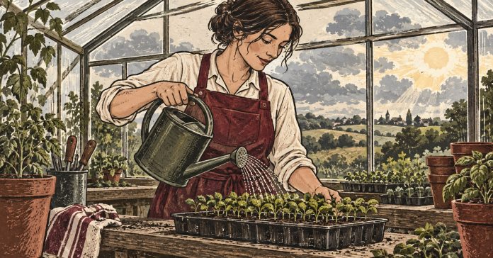 Planning actions while allowing uncertainty A gardener tends seedlings while changing weather appears beyond the greenhouse.