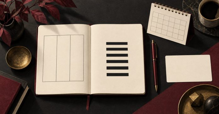 A charcoal and burgundy illustration of a dated notebook, calendar and separate review notes.