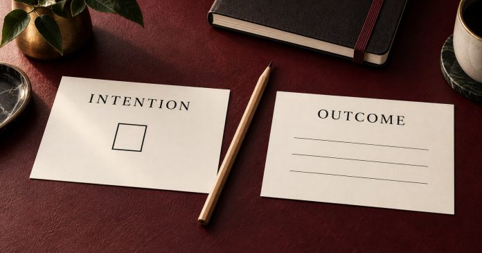 Two cards labeled Intention and Outcome connected by a pencil on a burgundy writing surface.