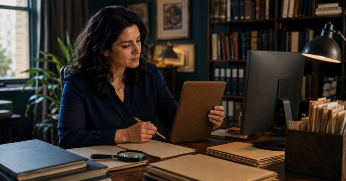 AI-created editorial illustration; corrected natural screen and reading-material orientation. An adult woman with dark wavy hair and a navy blouse carefully comparing a dated-style notebook with an abstract probability chart on a monitor in an elegant home study