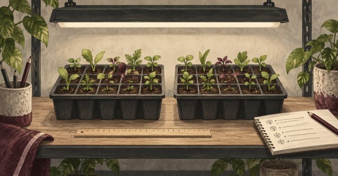 Two comparable seed trays sit beside a measuring ruler and an observation sheet.