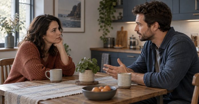 Relationship uncertainty and honest conversation Two adults having a calm conversation across a kitchen table.