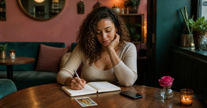 Why People Seek Love Predictions Woman journaling after a reflective love tarot reading in a cozy cafe