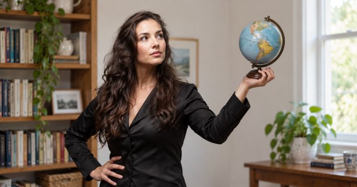 2017 archive cover — woman and globe edit A dark-haired woman holding a small globe in a modest home study.
