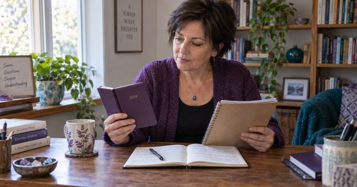 Reviewing a 2019 planner at home Woman comparing a planner marked 2019 with a notebook at a modest home desk.
