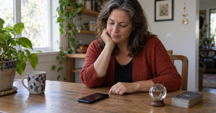 Before booking a reading — a calm pause at home Woman considering a smartphone at a home table beside a glass sphere and tarot deck