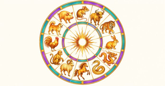 Illustrated circular wheel of the twelve Chinese zodiac animals in their traditional sequence