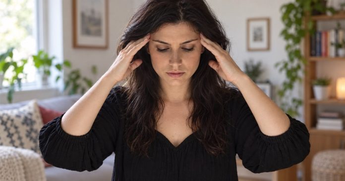 A dark-haired woman in a black top raises her hands near her temples in a modest home.