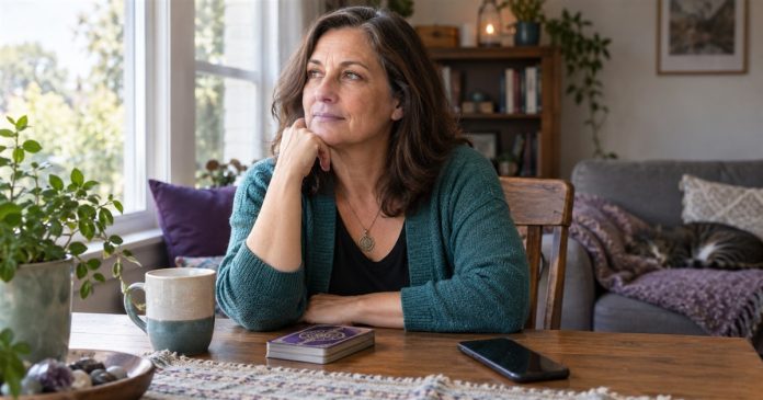 Woman seated at a home table beside a tarot deck, mug and smartphone.