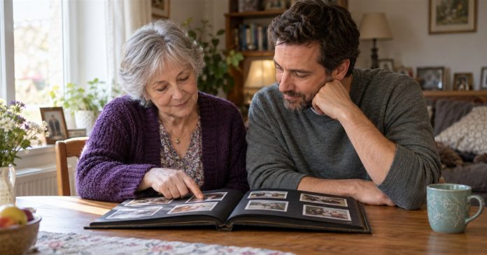 Older woman and adult man looking through a photograph album at home.