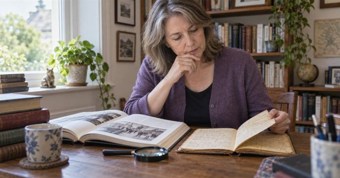 An illustrative woman compares a history book and handwritten notebook at a home table.