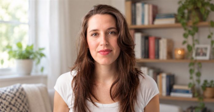 Respectful discussion — repaired portrait A brown-haired woman in a white top has a calm expression in a softly lit home.