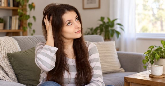 Thoughtful woman with long brown hair seated on a sofa in a modest home living room