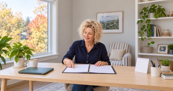 A woman comparing dated prediction records in an open binder at a desk in an autumn-lit study.