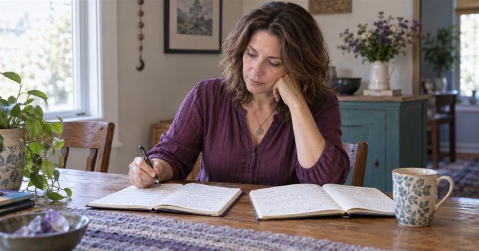 Reviewing a prediction story against written notes Woman reviewing two open notebooks at a table in a modest home.