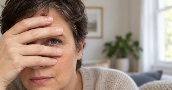 Premonition portrait — restored home setting A woman with short dark hair rests a hand across her face in a softly lit home.