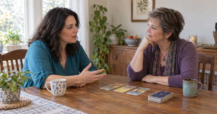 Respectful boundaries in a home reading Two women talking across a home dining table with tarot cards between them.