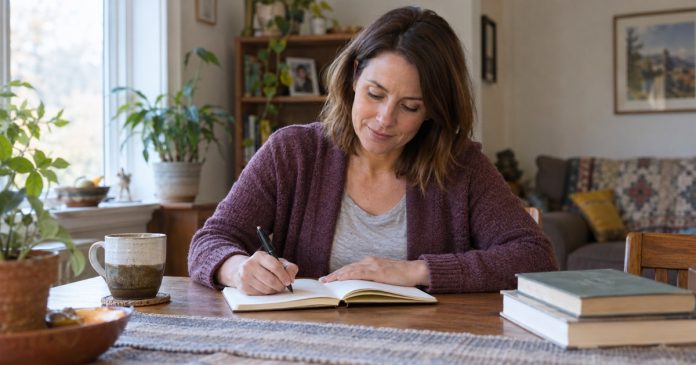 Planning a practical next step at home A woman writes in a notebook at a wooden table in a modest home.